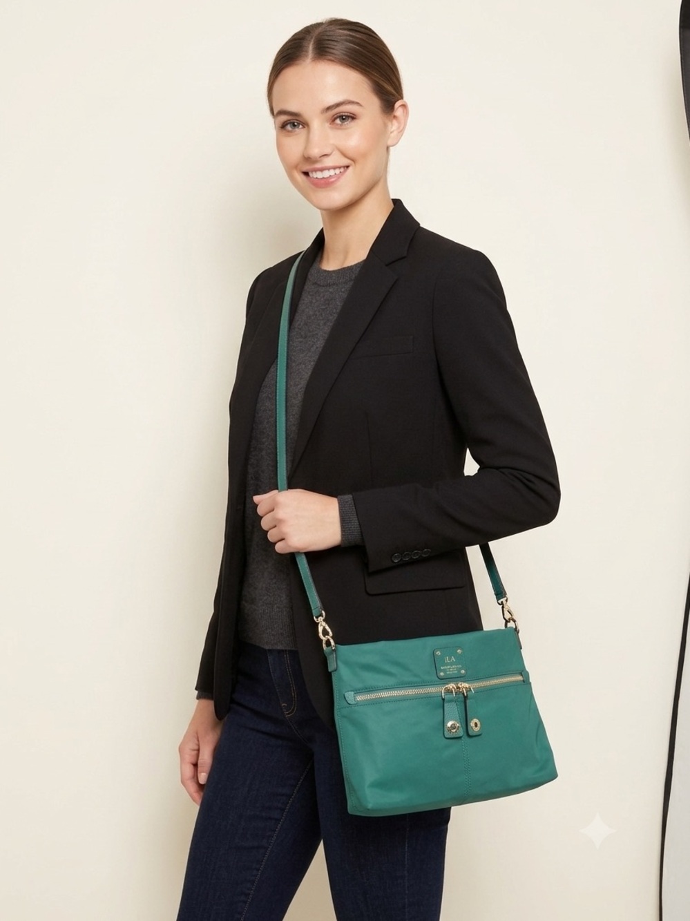 Henri Bendel Jetsetter Teal Green Nylon Crossbody Monogram JLA